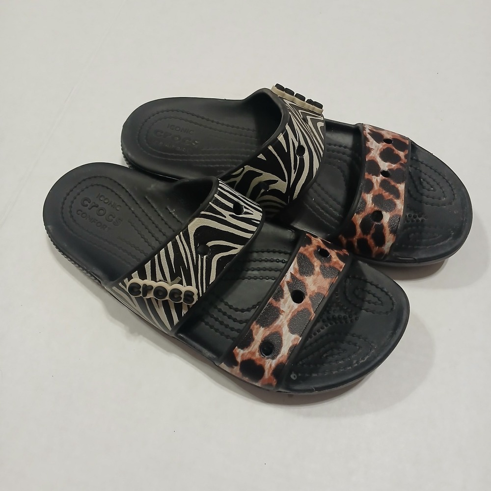 Crocs Classic Animal Remix Slide Sandals Zebra Leopard Women 8 207847-0C4